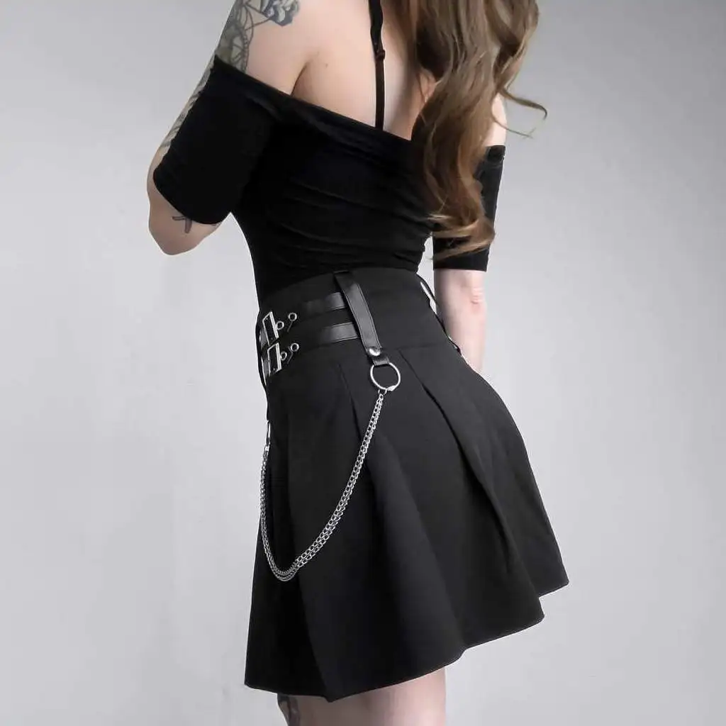 Черная короткая юбка в готическом стиле панк с круглым кольцом и цепочками S002 |