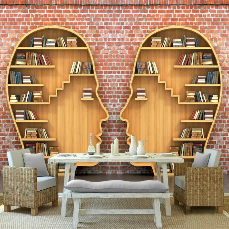 3D книжный шкаф красные кирпичные Настенные обои для гостиной спальни Кабинета
