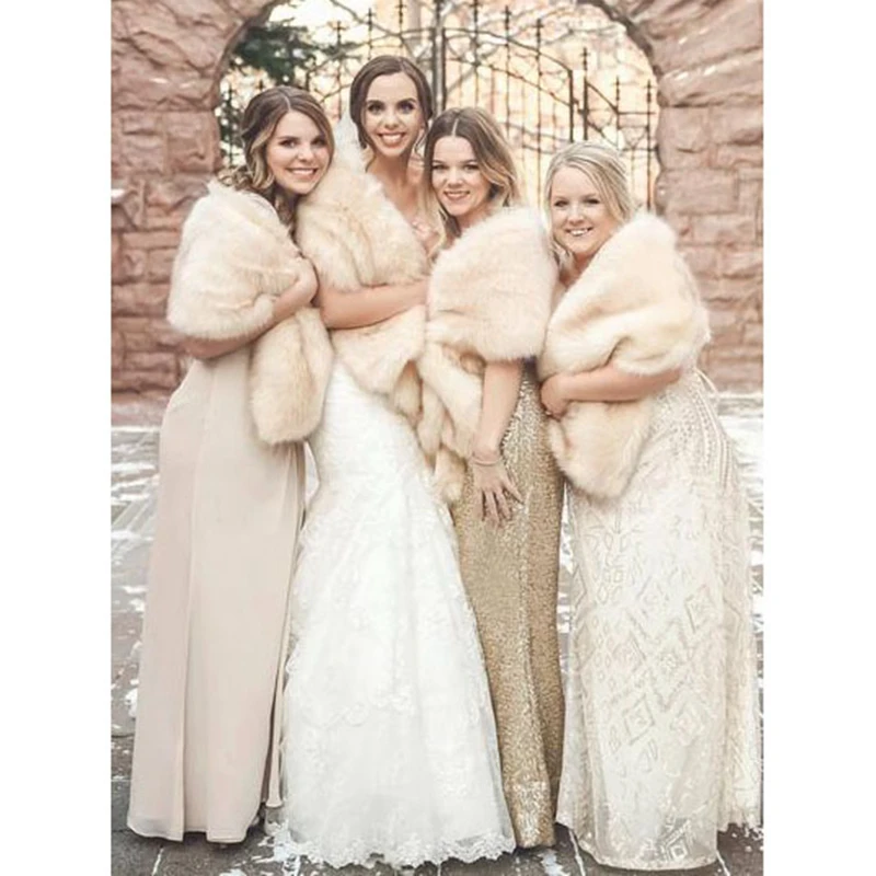 100% Real Champagne Fur Shawl Wedding Wrap Bridesmaid Bolero Formal Party Cloak Bridal Coat Women Jacket Shrug Cape Stock
