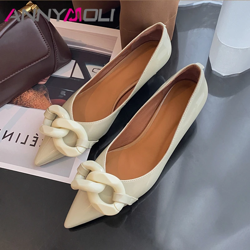 

ANNYMOLI Genuine Leather Fashion Shoes Women Spring Platform Thick Med Heel Shoes Pointed Toe Ladies Fashion Footwear Autumn 40
