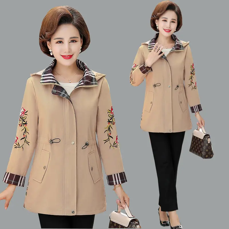 Для среднего возраста Женские мать Демисезонный вышивка Тонкий Тренч с