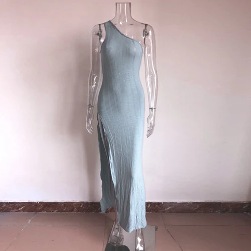 KGFIGU Kylie jenner robe vestidos горячая Распродажа летнее платье в рубчик на одно плечо женское облегающее сексуальное длинное платье макси - Цвет: Небесно-голубой