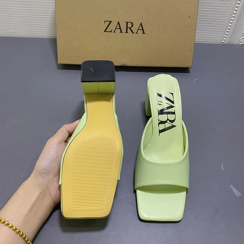 

2021 New ThicK Heel Green Fashion Slides Women One word Peep-toe Summer Women's High heel Rome Slippers