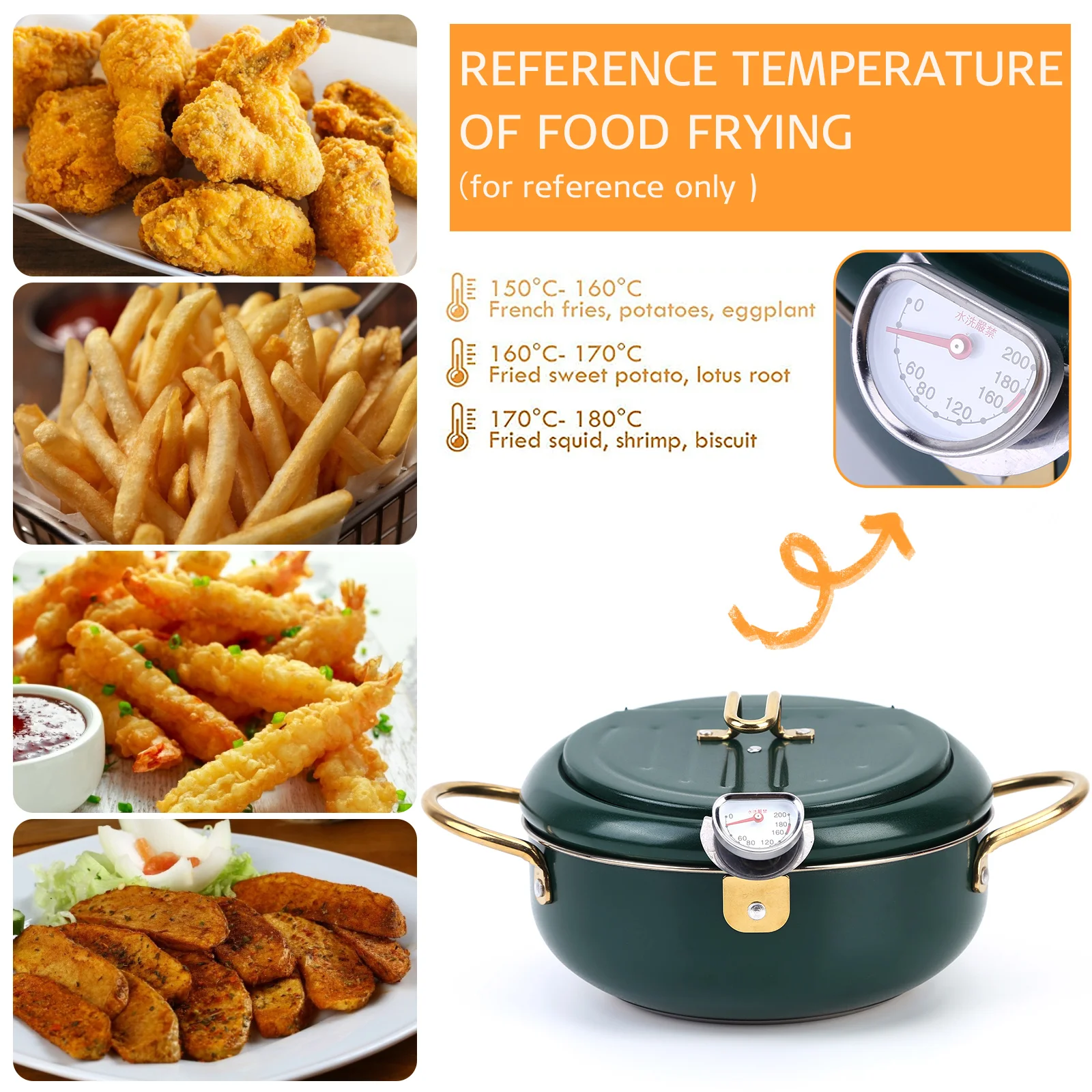 Japanese Deep Frying Pot with Thermometer Lid Oil Drip Drainer Rack 304 Stainless Steel Kitchen French Fries Tempura Fryer Pan | Дом и сад