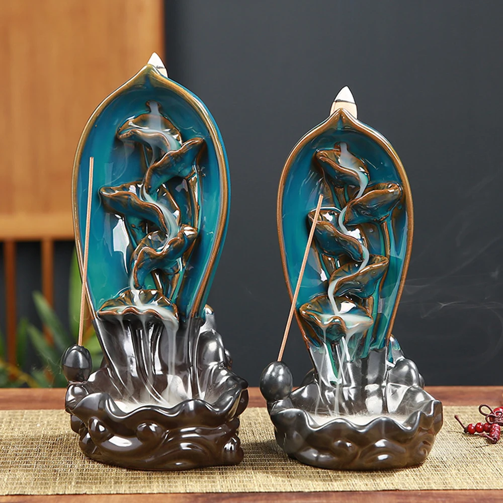

Aromatherapy Ornament Ceramic Ceramic Lotus Leaf Incense Burner Moutain Designed Black New Ceramic Incense Burner Blue