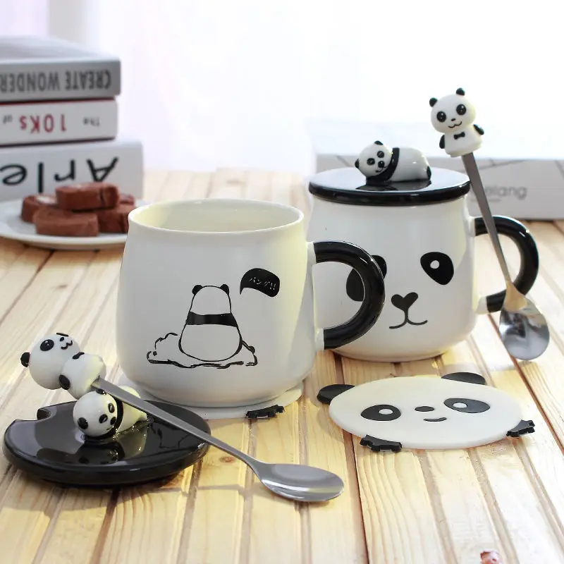 

Panda Breakfast Cup Large Capacity Watering Can Glass Milk Mug Creative Cartoon Ceramic Water Kettle with Lid Spoon Coaster