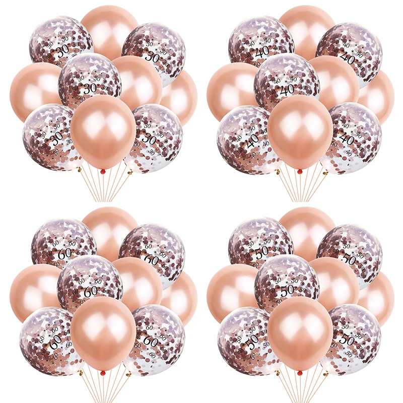 

10pcs Rose Gold Confetti Air Ballons Adult Birthday Party Balloons Decoration 30 40 50 60 Happy Birthday Ballons Party Supplies