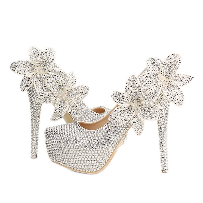 

Platform High Heels 14cm Silver Women Wedding Shoes Crystal Floral Bride Stiletto Pumps Ladies Sexy Party Shoes Women Footwear