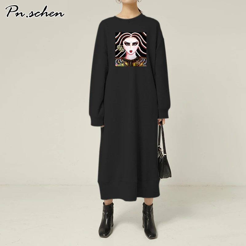 Осенняя Свободная Повседневная хлопковая толстовка Макси платье с длинным