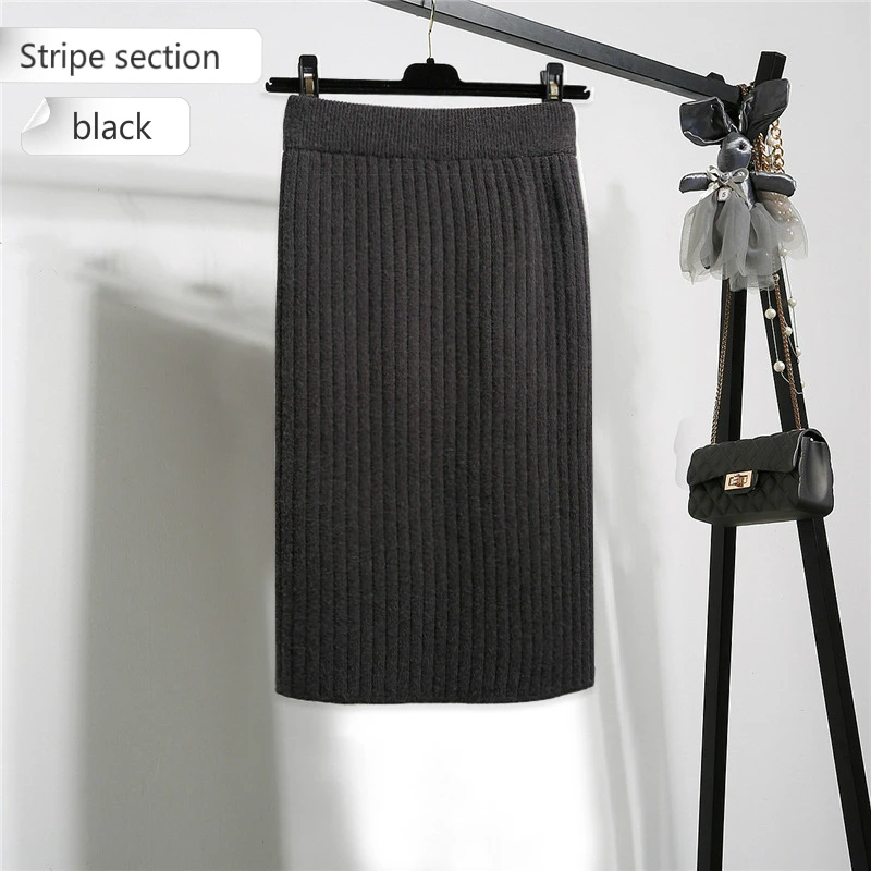 black stripe Осенняя и зимняя юбка средней длины с высокой талией, облегающая нижняя часть, открытая бедра и вязанная одношаговая юбка, Женская юбка-бандаж - Цвет: black stripe