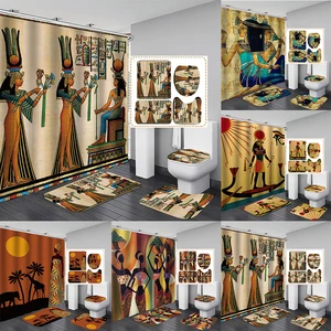 ancient egyptian women shower curtain polyester fabric 4 piece bathroom diy decor retro design carpet cover toilet mat free global shipping