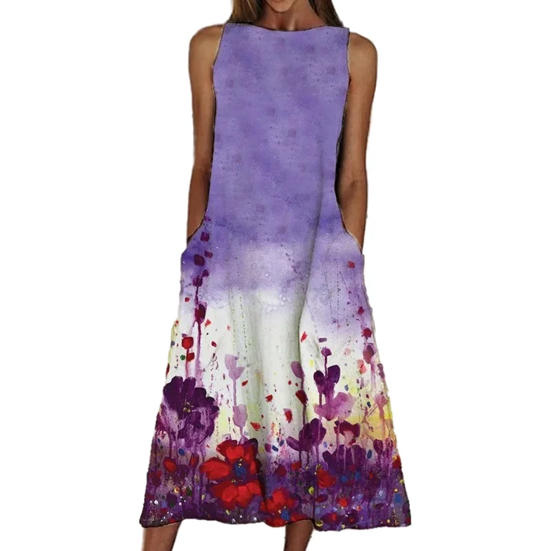 

Flowers Splash Ink Printing Women's Tank Dress 2021 Summer Fashion Casual Beach Holiday Elegant Sleeveless Office Ladies Dress
