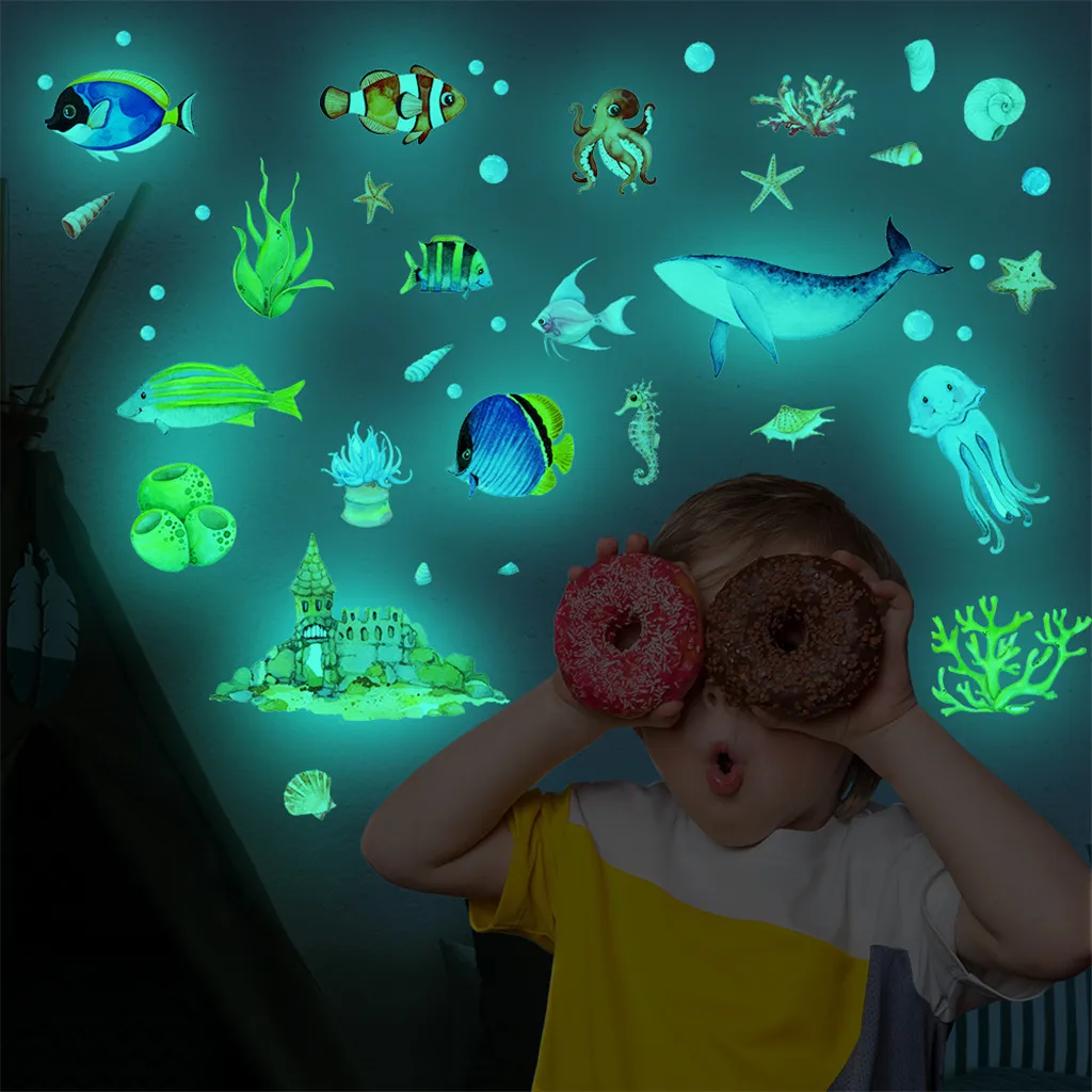 3D подводный мир флуоресцентный стикер на стену съемный светится в темноте модный