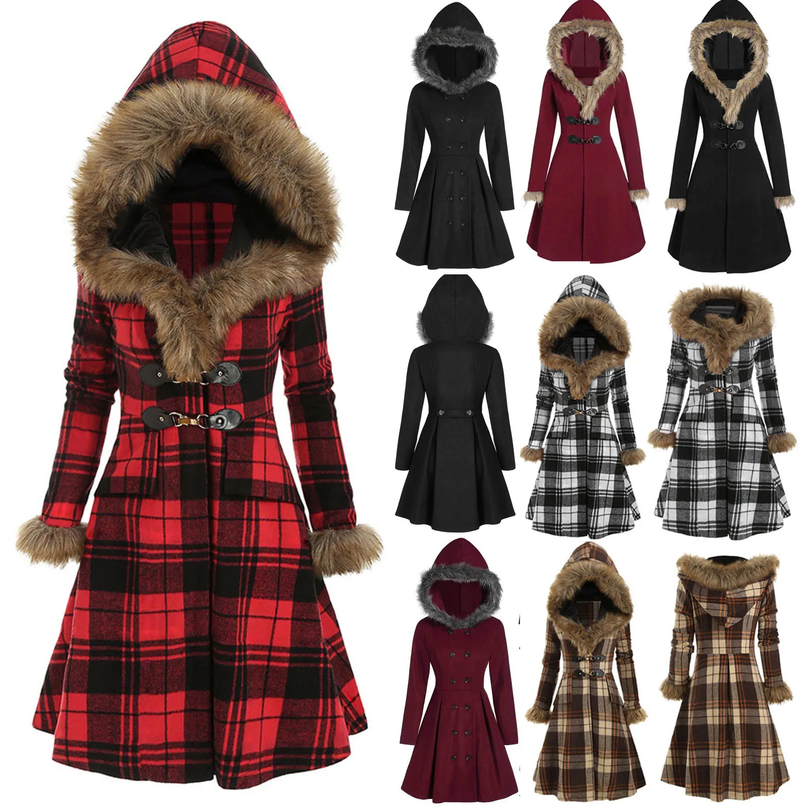 

Fashion Winter Women Long Sleeve Plaid Printed Vintage Gothic Plush Hooded Button Casual Slim Asymmetric Long Coat Outwear