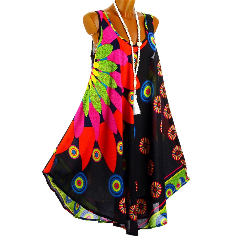 Женский сарафан с принтом в этническом стиле свободный без рукавов круглым
