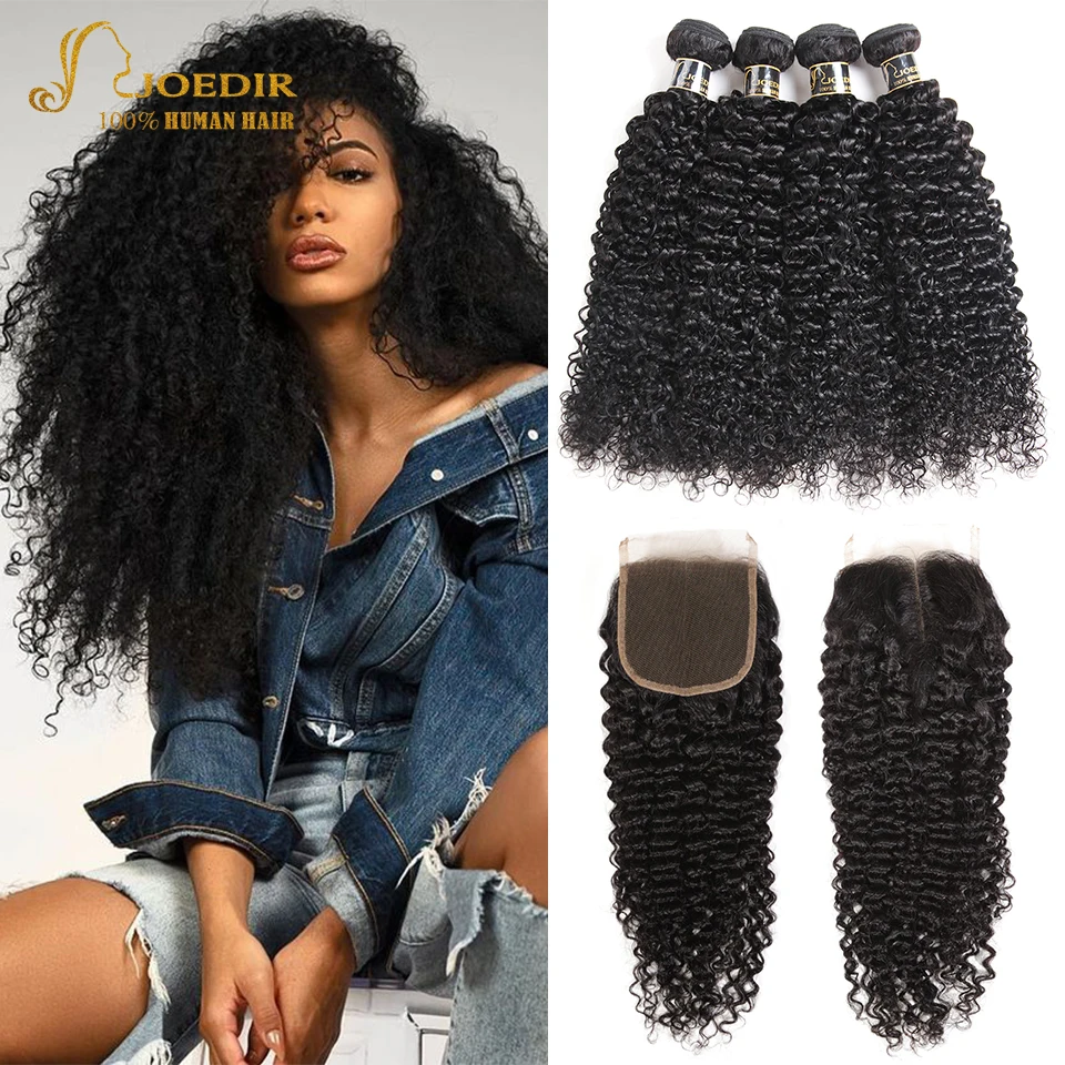 Joedir Brazilian Hair Weave Bundles With Closure Human Kinky Curly Hair Bundles With Closure 10-28 inches Long  Remy Hair