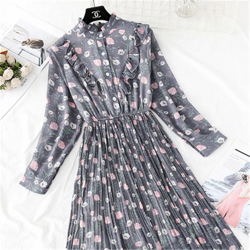 

2020 Chiffon high quality dress Autumn Vintage Floral Print Long sleeve Dress Elastic waist Women Elegant Pleated Dresses 198