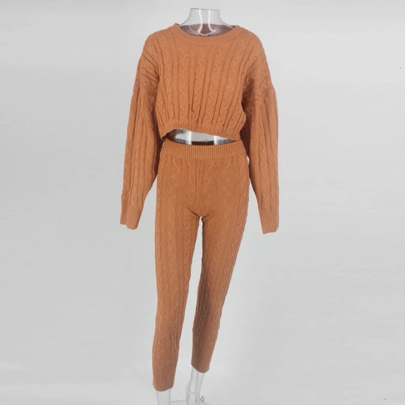 

VGH Casual Solid Two Piece Set For Women O Neck Long Sleeve Sweater High Waist Slim Pants Knitted Female Sets 2021 Autumn New