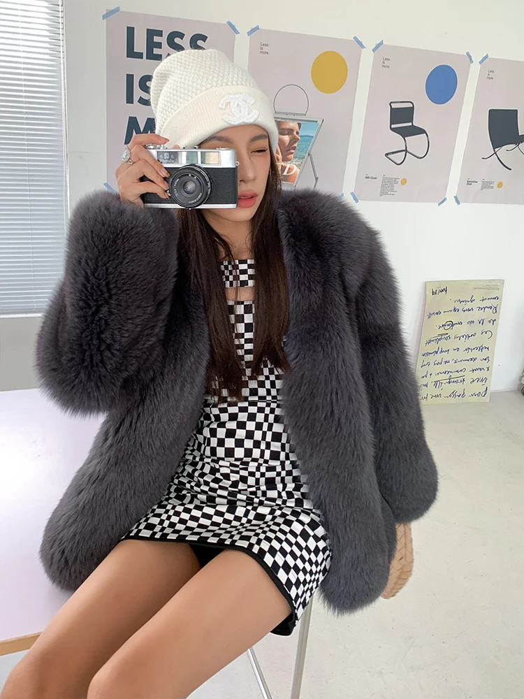 Mid-length Women Real Fox Fur Coat V-neck Dark Grey Natural Whole Skin Genuine Fox Fur Jacket Thick Warm Fur Overcoats Luxury
