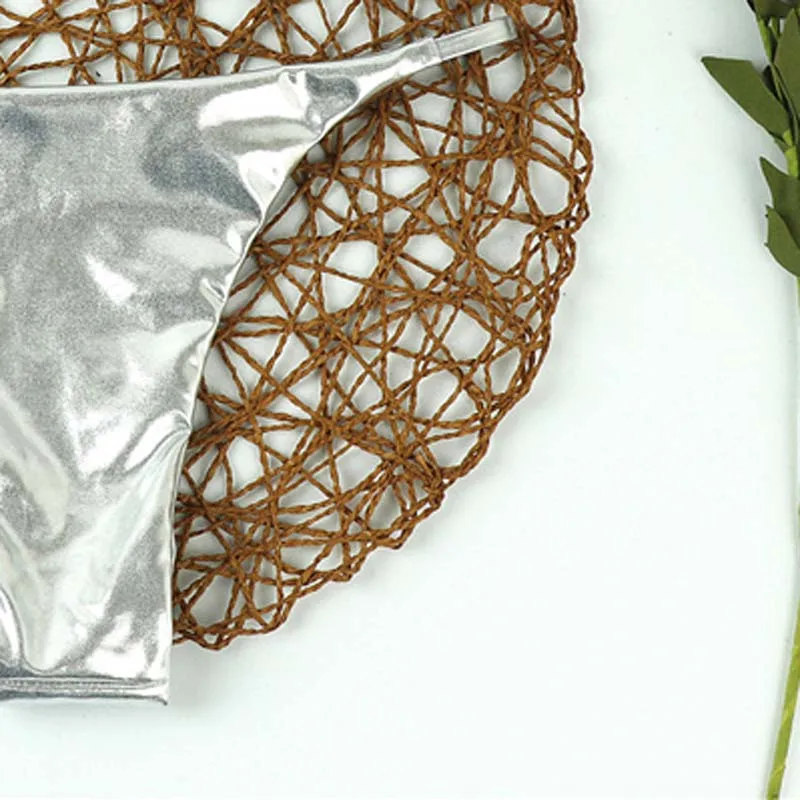 

Paotang 2021 Summer European And American New Style Triangle Bikini Swimsuit Suit Woman Silver Solid Color High-End Fabric
