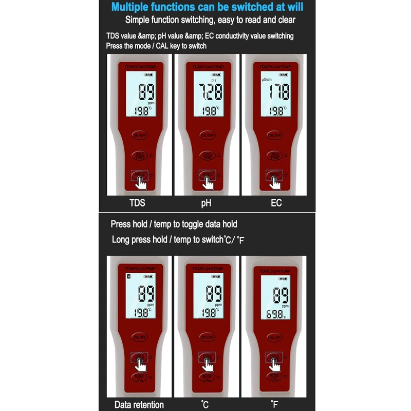 Water PH Tester 4 in 1 Function TDS EC Temp Digital Quality Monitor Meter Test Pen |