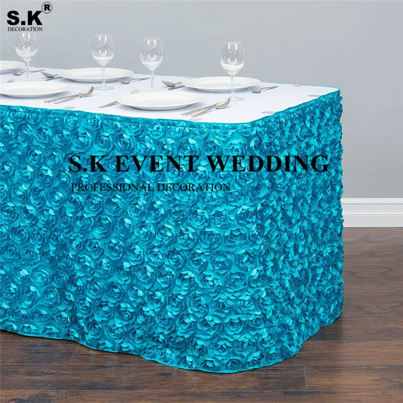 

10ft 17ft Satin Rosette Table Skirt Rectangle Tablecloth Skirting For Wedding Banquet Event Christmas Decoration