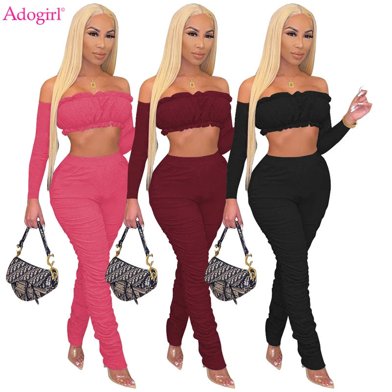 

Adogirl Women Solid Ruffles Two Piece Set Strapless Off Shoulder Long Sleeve Crop Tops Stacked Pants Fashion Sexy Autumn Suits