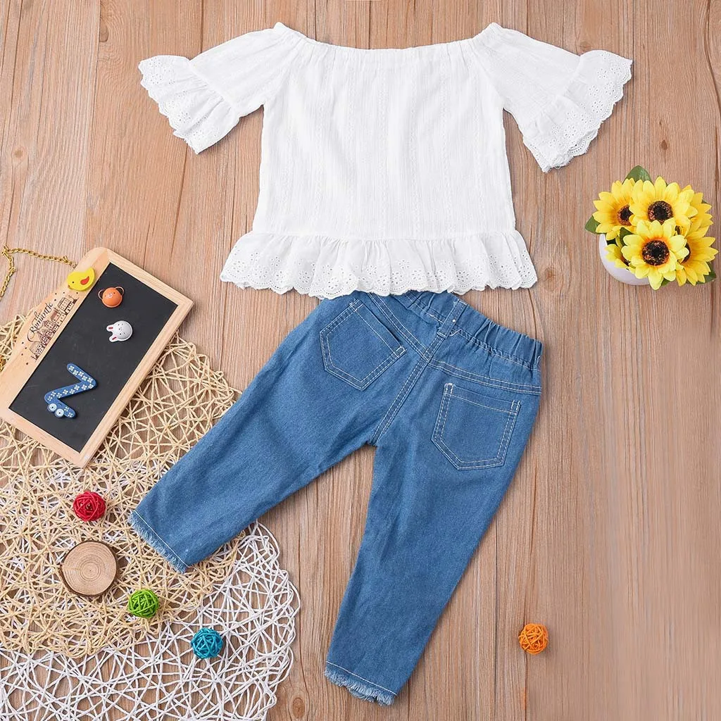 Кружевная футболка с оборками открытыми плечами Одежда для новорожденных