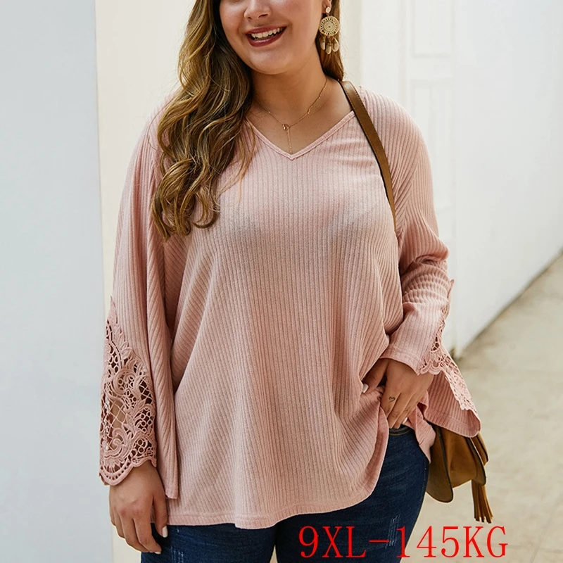 Autumn fashion women's large size sweater 5XL 6XL 7XL 8XL 9XL bust 148CM sexy V-neck lace cuff casual wild thin | Женская одежда