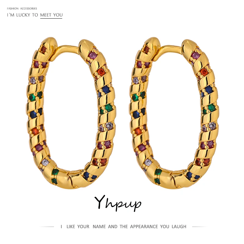 

Модные серьги-кольца Yhpup в виде эллипса с радужным кубическим цирконием высокого качества, геометрические ажурные модные очаровательные юв...