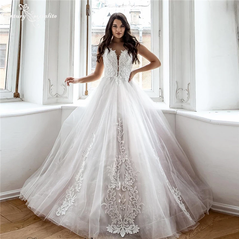 

Sparkle Wedding Dresses for Women Bride Lace Appliques Sequins A-Line Elegant Bridal Gowns Robes de Mariee Vestido Novias