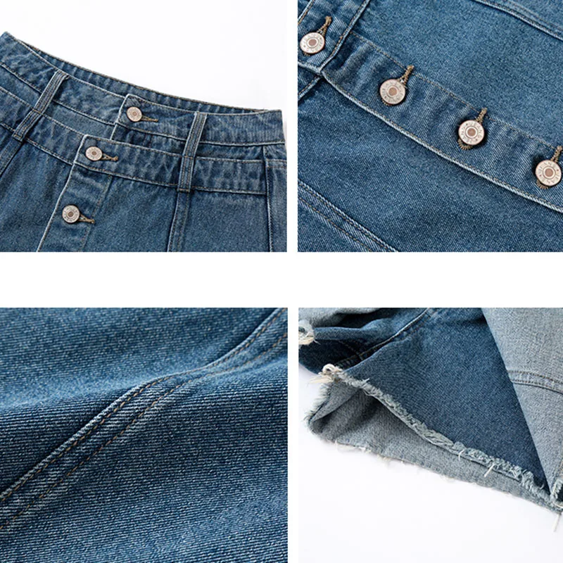 

Summer All-match High Waist Single Breasted Womens Denim Skirt Fake Two Pieces A-Line Double Waist Tassel Shorts Skirts Femme