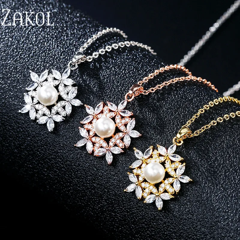 ZAKOL Elegant Cubic Zirconia Simulation Pearl Leaf Sweet Pendant for Women Wedding Dinner Party Birthday Gift Jewelry FSNP2128 | Украшения