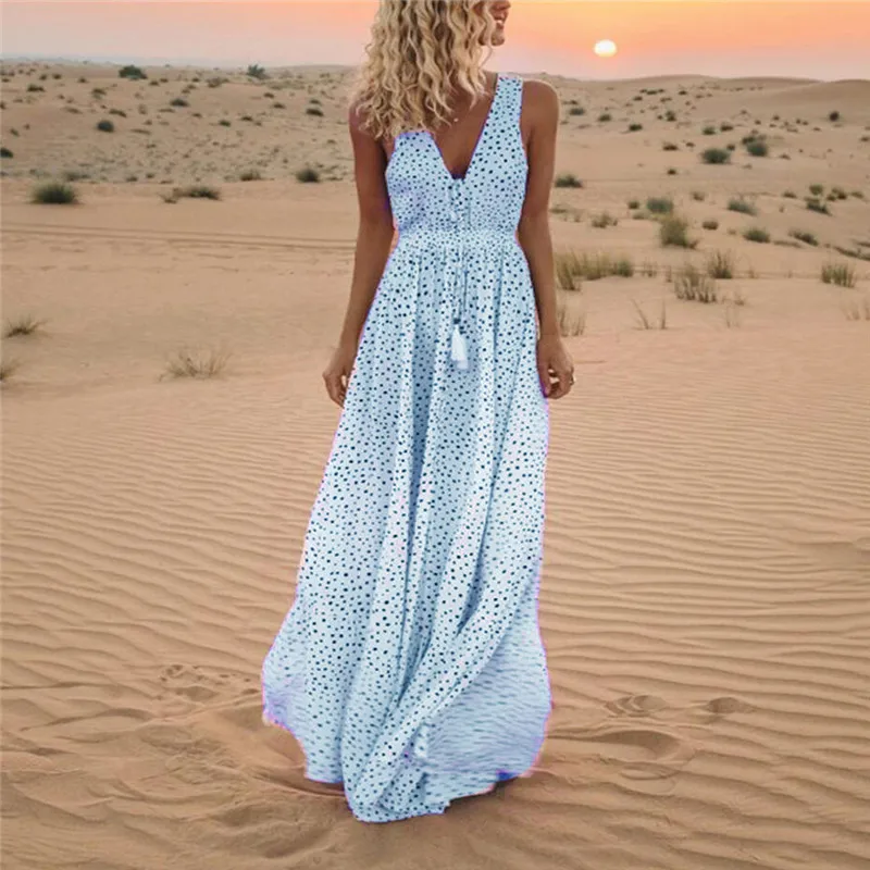 

Summer Dress Women 2021 New Fashion Bohemian Beach Wave Dot V Neck Sleeveless White Pink Slim Maxi Dresses Vestido Feminina N830