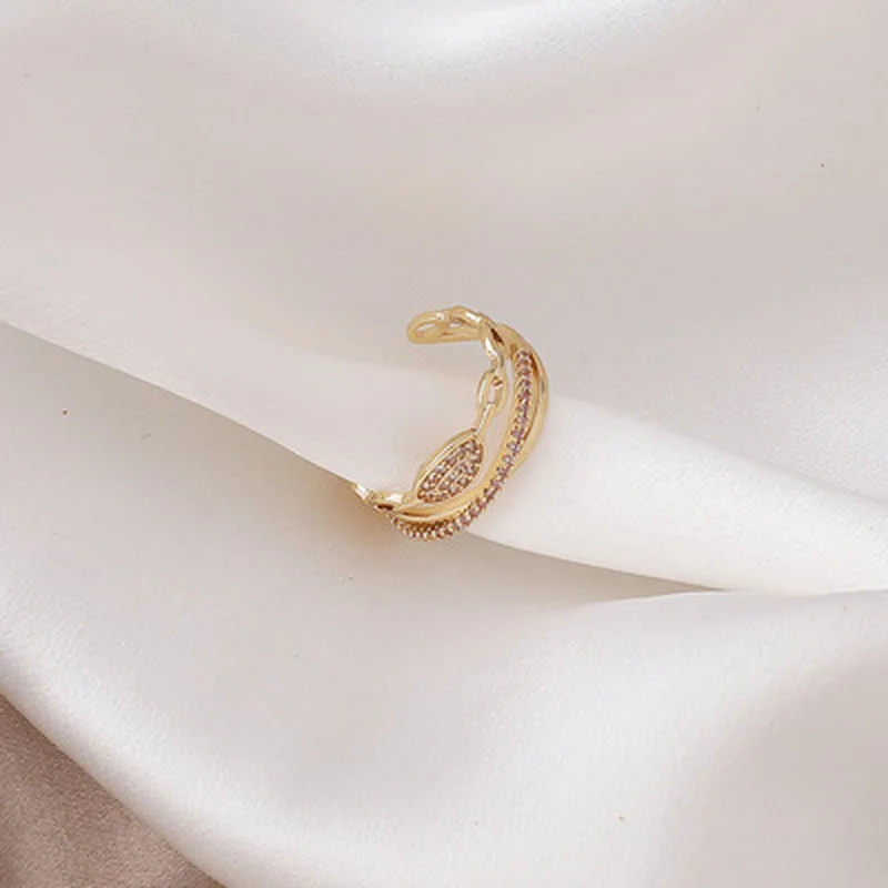 

Origin Summer Japanese Oval Crossed Rhinestone Double Layer Open Ring for Women Temperament Chain Party Ring Jewelry