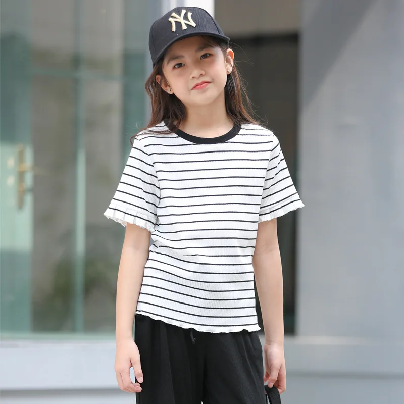 Корейская футболка для девочек Хлопковая полосатая одежда с коротким рукавом 2020