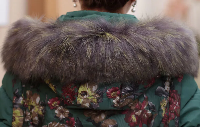 Abrigos mujer invierno, модный принт, зимний женский пуховик, хлопок, средней длины, куртка, парка с капюшоном, меховой воротник, утолщенное пальто