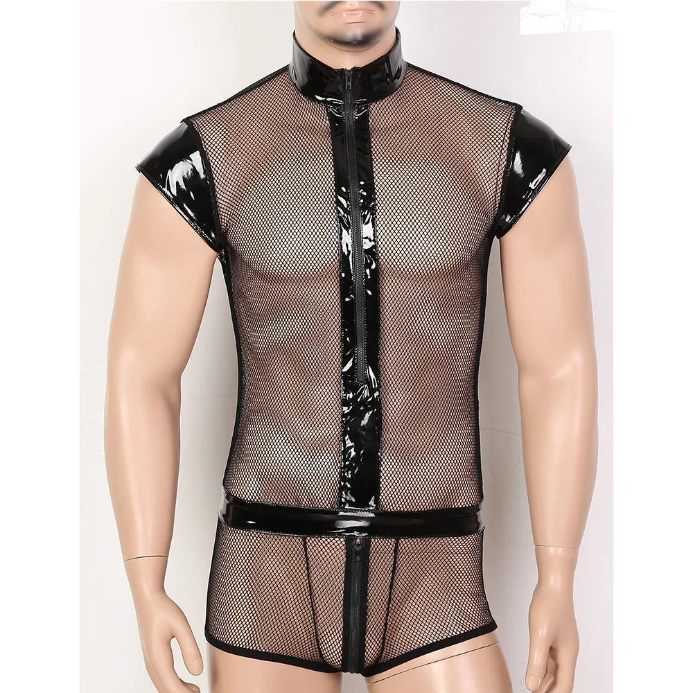 TiaoBug Мужское боди из лакированной кожи женское нижнее белье на молнии с