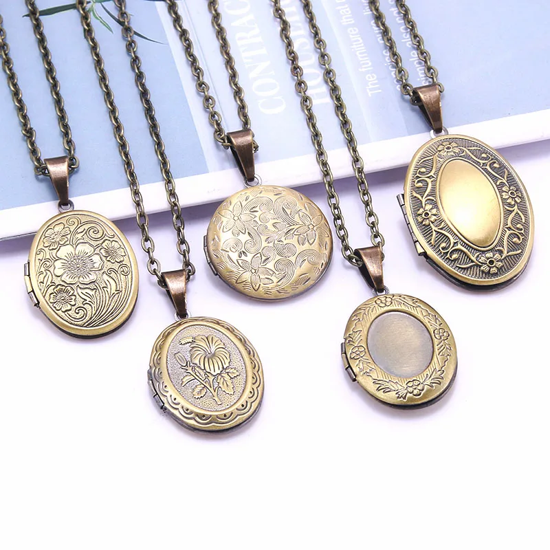 Unique Carved Design Copper Oval Photo Frame Pendant Necklace Charm Openable Locket Necklaces Women Men Memorial Jewelry