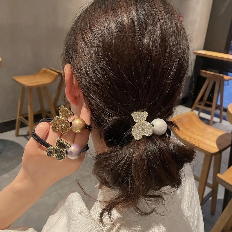 

Hair Accessories Female Fashion Cute Bear Hair Rope Full Diamond Pearl Hair Ring Ponytail Hair Head Rope Holster