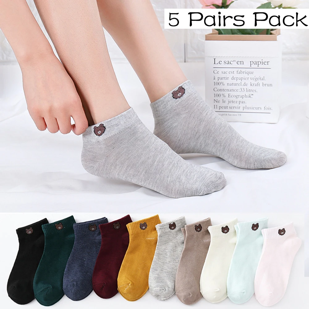 10 Pieces = 5 Pairs Women Short No Show Socks Set Cute Cartoon Bear Head Ankle Invisible Cotton Sock Slippers Korean Japan Funny