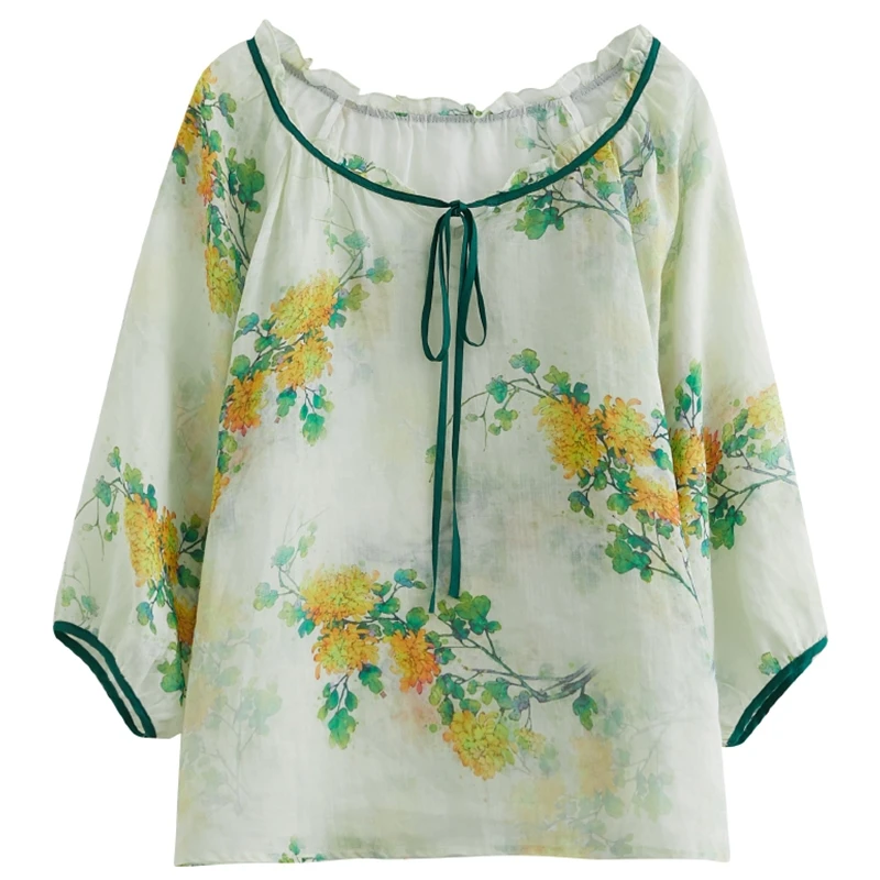 

Mori Style Artistic GIRL'S Shirt Female Early Autumn Retro he ye ling Floral Cotton Linen Shirt deng long xiu Loose Ramie Top