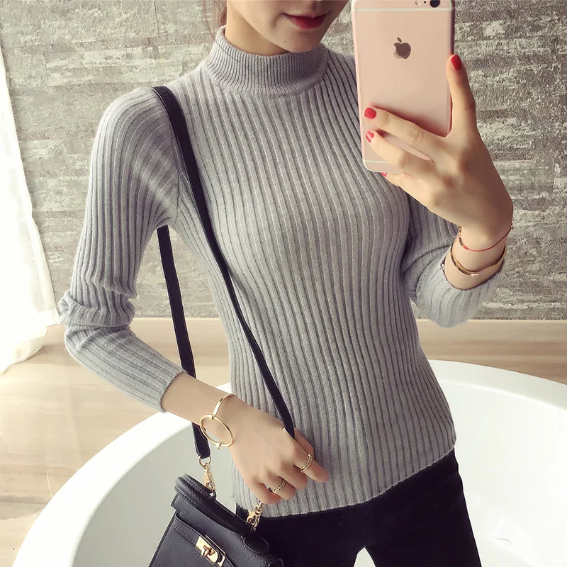 Женский облегающий свитер с высоким воротником эластичные пуловеры для женщин