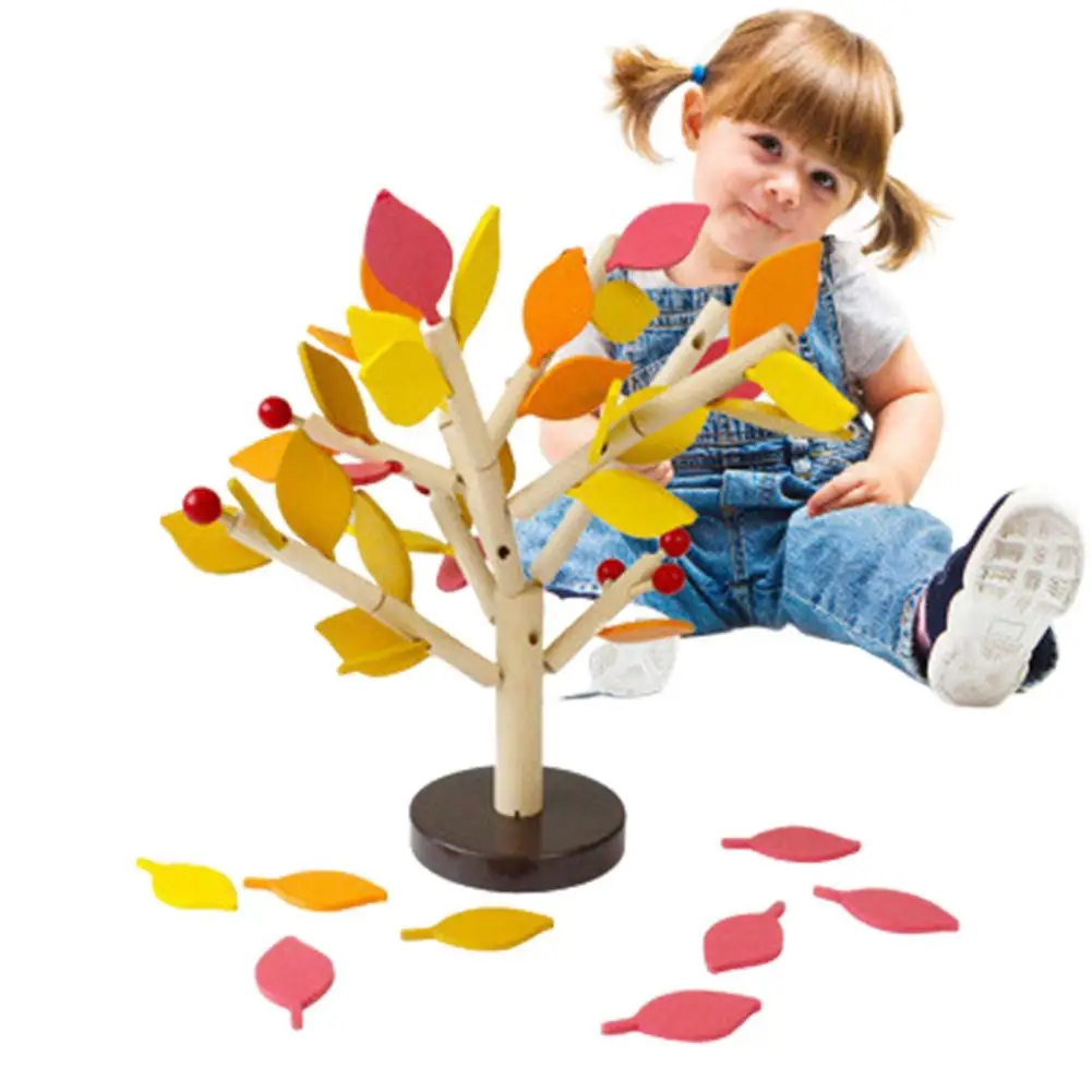 

Wooden Building Blocks Tree Set Assembled Green Leaves Tree Montessori Gift Toy Green Yellow Leaves For Kids Children Hands-On