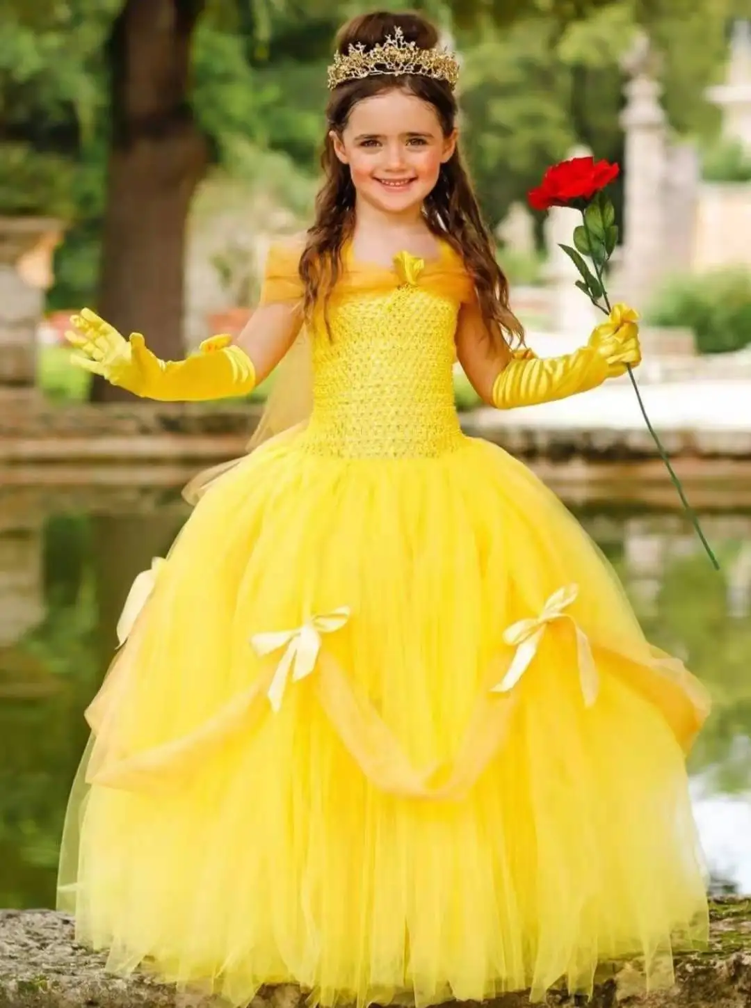 

Girls Yellow Crochet Tutu Dress Baby Fluffy Tulle Strap Dress Ball Gown with Flower Headband Kids Cosplay Clothes Princess Dress
