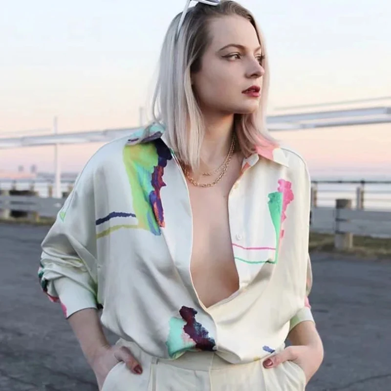 Oversize women stylish loose shirts 2020 summer fashion ladies satin blouses long sleeve shirt female boho blouse girls chic | Женская