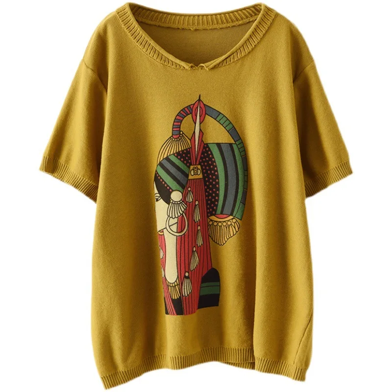 

Masss Wasss Summer New Design 2021 Ladies Printed Knitted T-shirts Women Short Sleeve V-Neck Tee Girls Vintage Oversized Tops