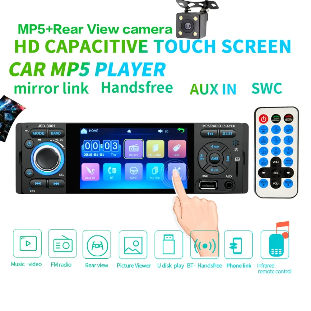 

4" Touch Screen Bluetooth Car Radio 1 Din Mirror Link Autoradio Stereo Audio MP5 Video 4 LED Rear View Camera usb aux Player