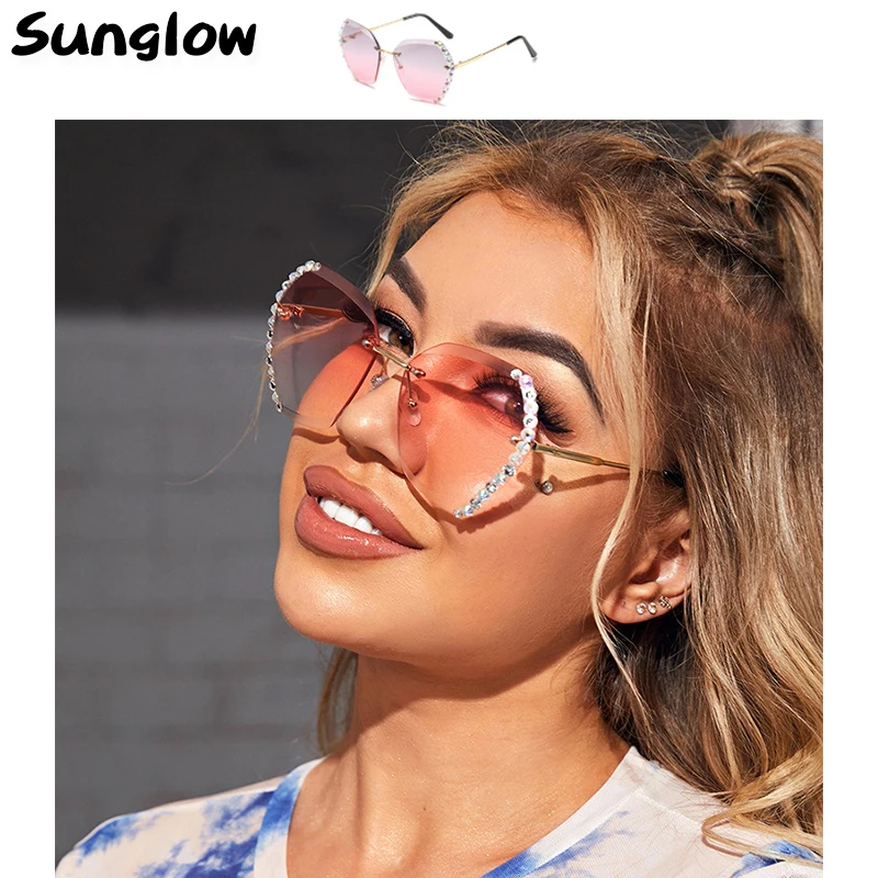 

Rhinestone Sunglass 2021 Women Luxury Brand,Vintage Rimless Polygonal Gradient Female Eyewear，Fishing，Driving，oculos de sol