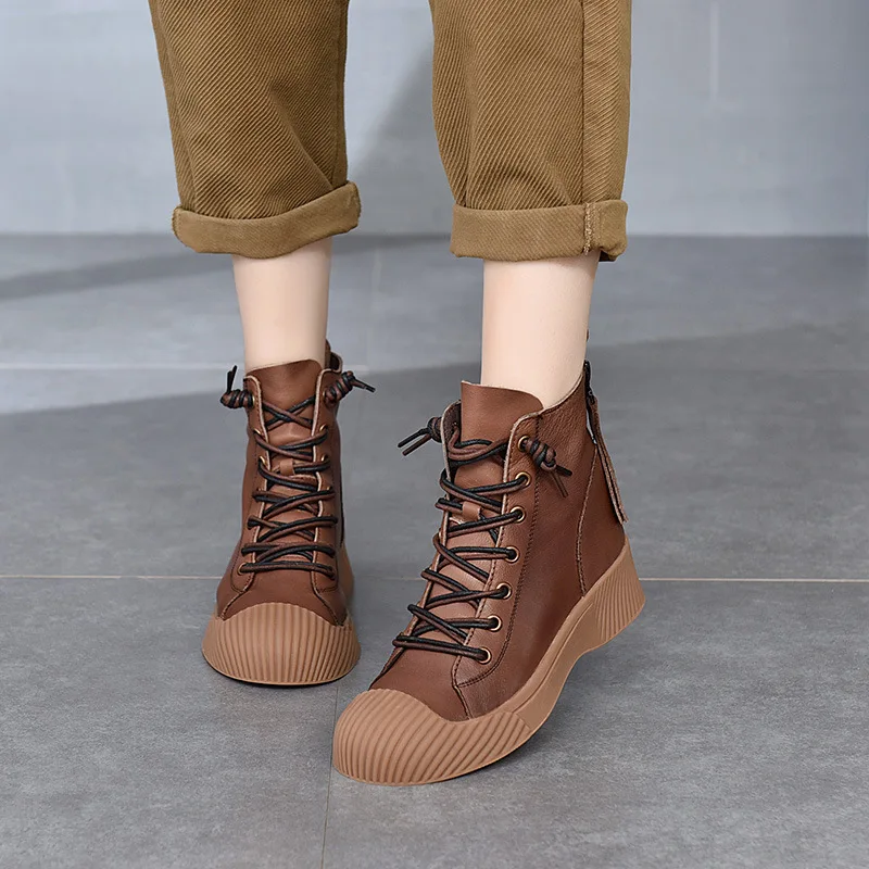 

YourSeason Ladies Boots Genuine Leather 2022 Spring Winter Round Toe Flat With Women Zip Concise Lace-Up Casual Platform Shoes